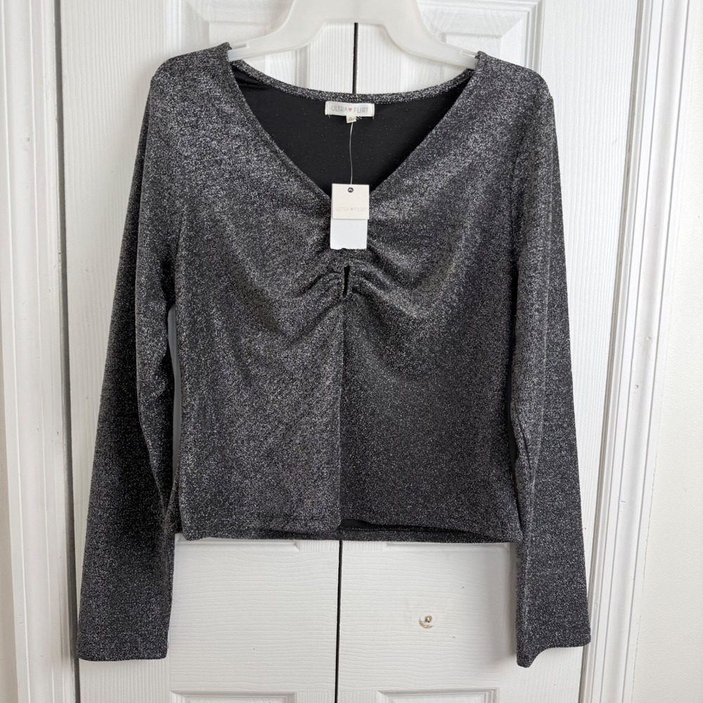 Ultra Flirt Metallic Lurex Top XL Black Silver Cinched V-Neck Y2K Party Glam